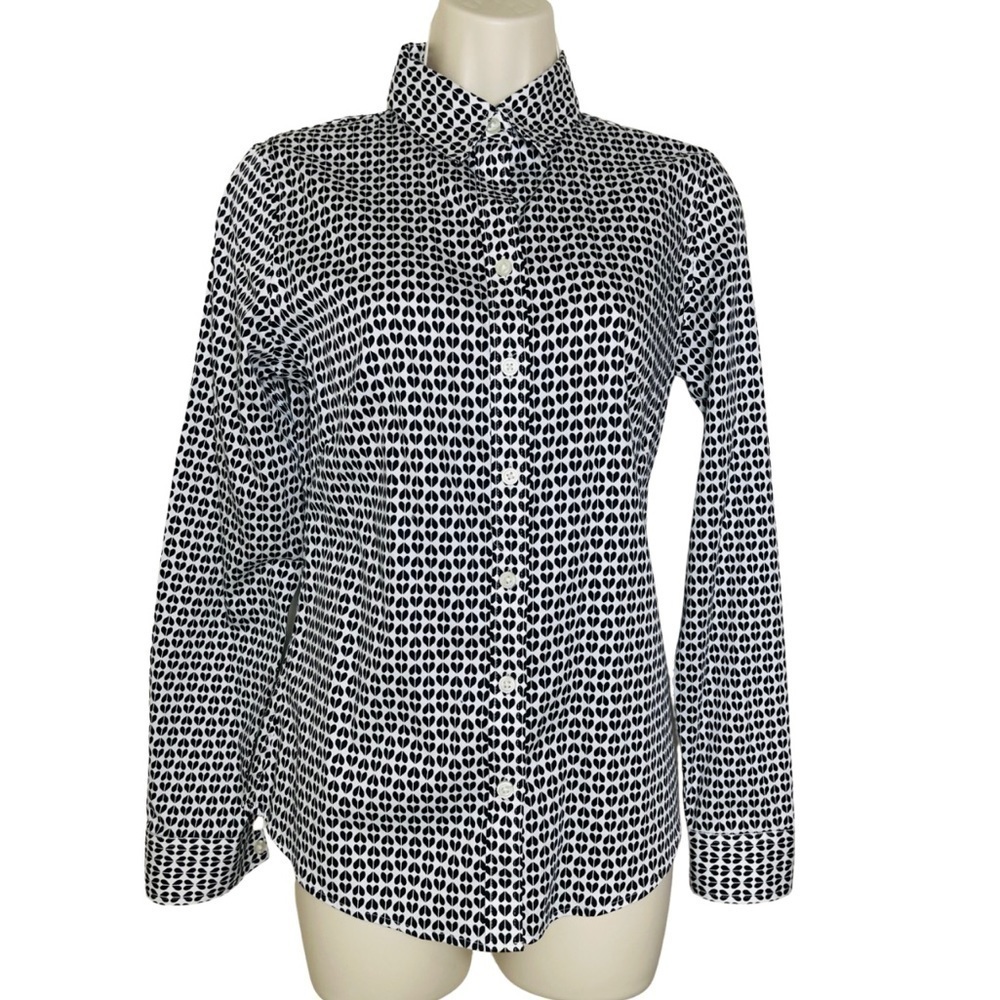 Banana Republic Heart Print Shirt Size 4 Black White Non Iron Preppy EUC - Picture 2 of 9